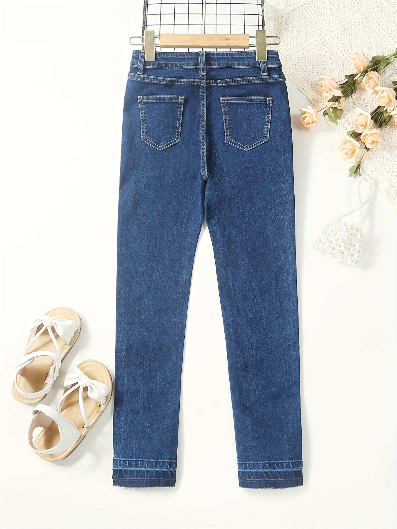 Girls Slim Fit Stretch Denim Long Pants With Pocket