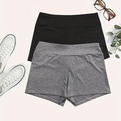 2 Pack Plus Size Sports Shorts Set Women's Plus Solid Medium Stretch Biker