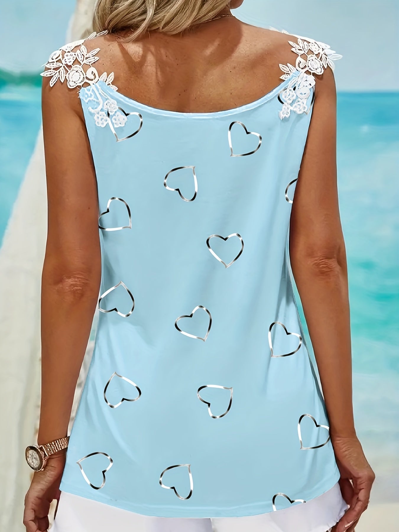Floral Print Lace Contrast Top V Neck Sleeveless Top
