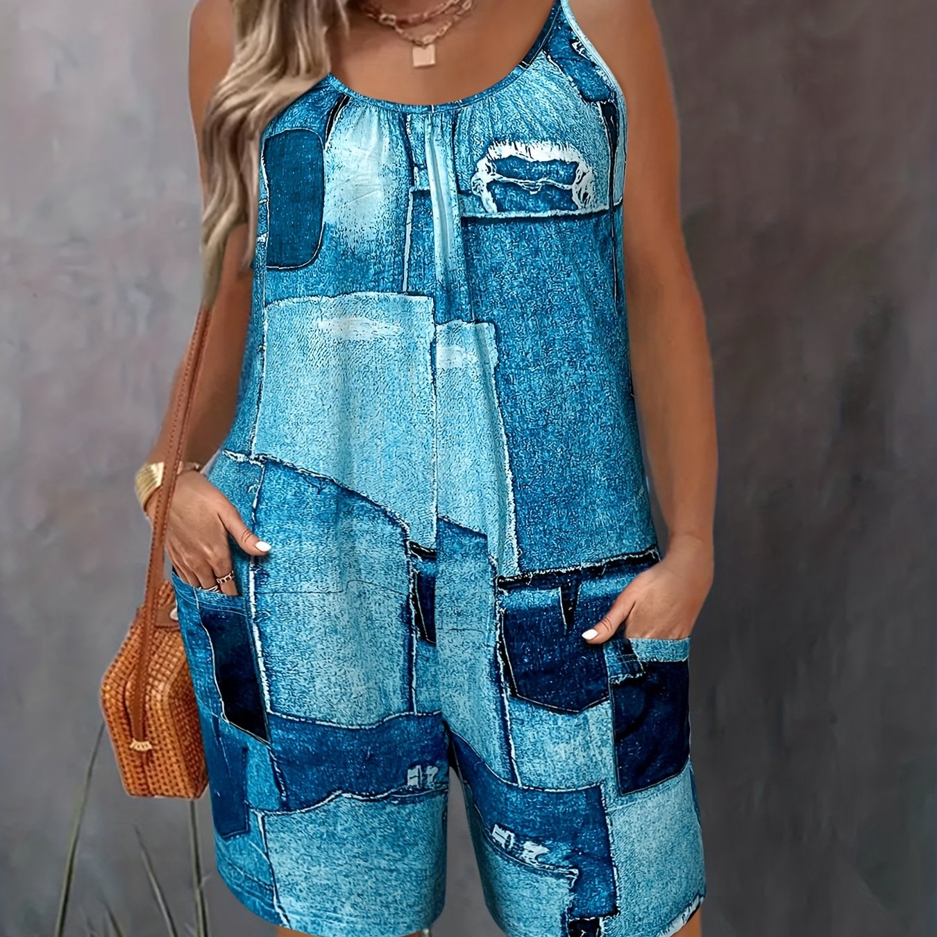 Y2K Patchwork Print Romper Jumpsuit Sleeveless Cami With Pocket