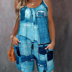Y2K Patchwork Print Romper Jumpsuit Sleeveless Cami With Pocket
