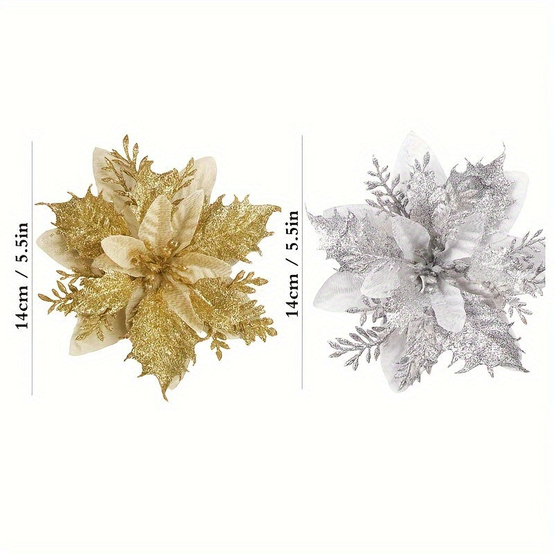 10pcs Artificial Flowers Christmas With Clips Stems Xmas Tree Ornaments Golden