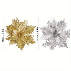 10pcs Artificial Flowers Christmas With Clips Stems Xmas Tree Ornaments Golden