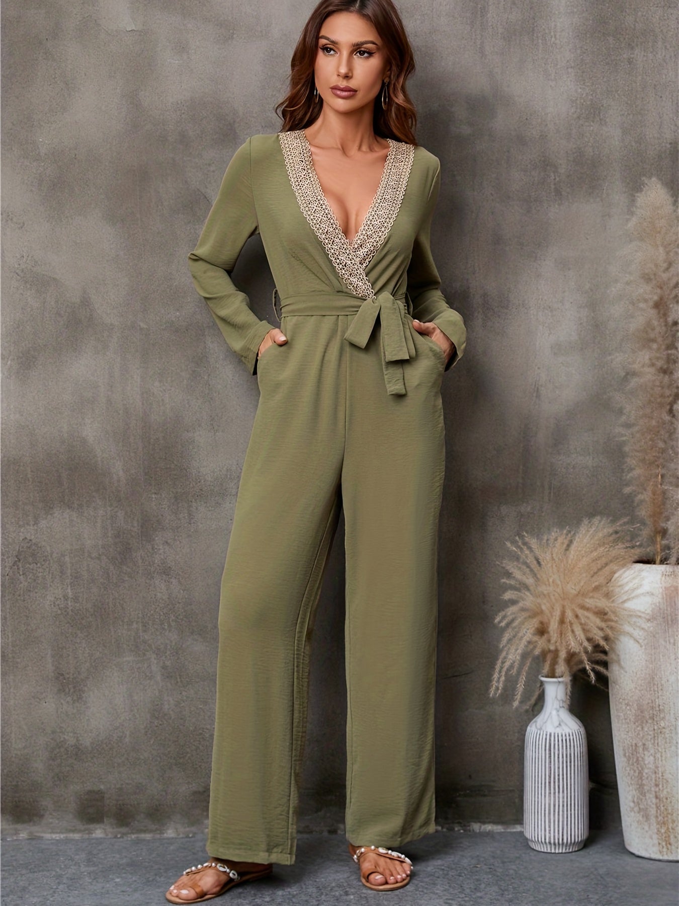 Lace V Neck Jumpsuit Long Sleeve Belted