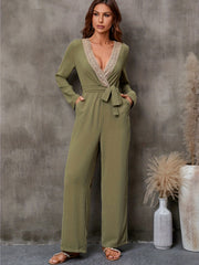 Lace V Neck Jumpsuit Long Sleeve Belted