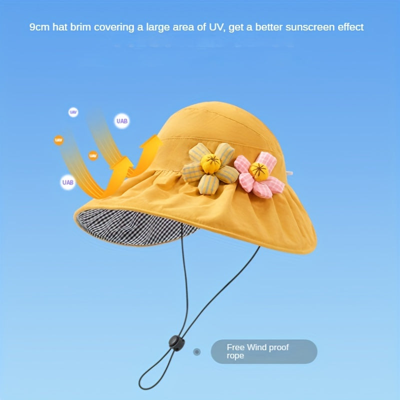 Girls Cartoon Embroidered Patch Drawstrings Sun Protection Hat