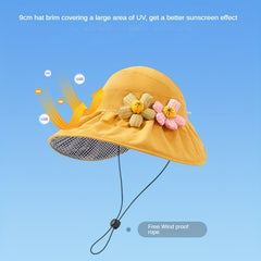 Girls Cartoon Embroidered Patch Drawstrings Sun Protection Hat