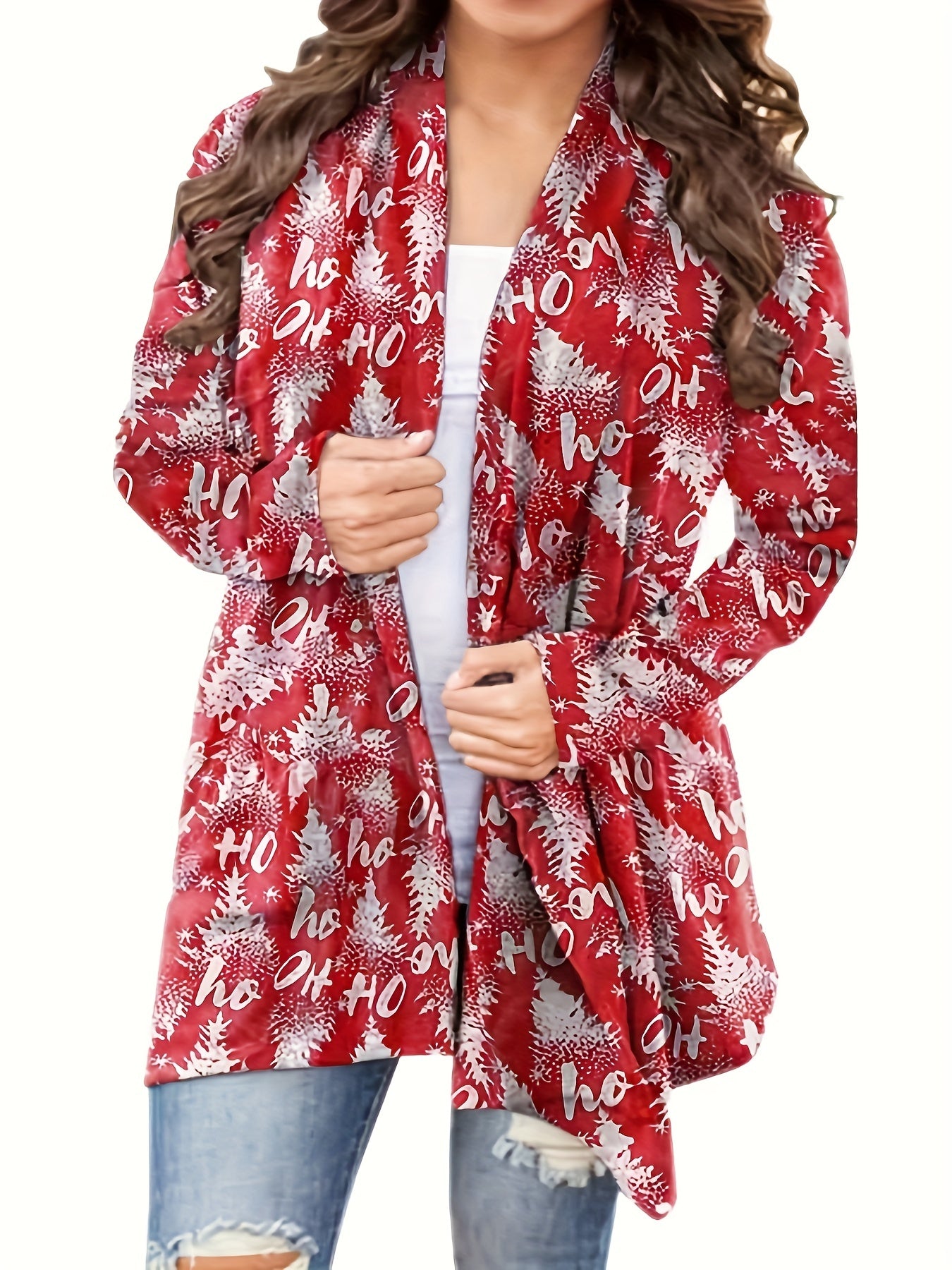 Christmas Cardigan Women's Plus Tree Print Long Sleeve Cardigan
