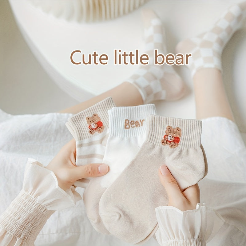 6 Pairs Bear Print Striped Socks Crew Short Stockings