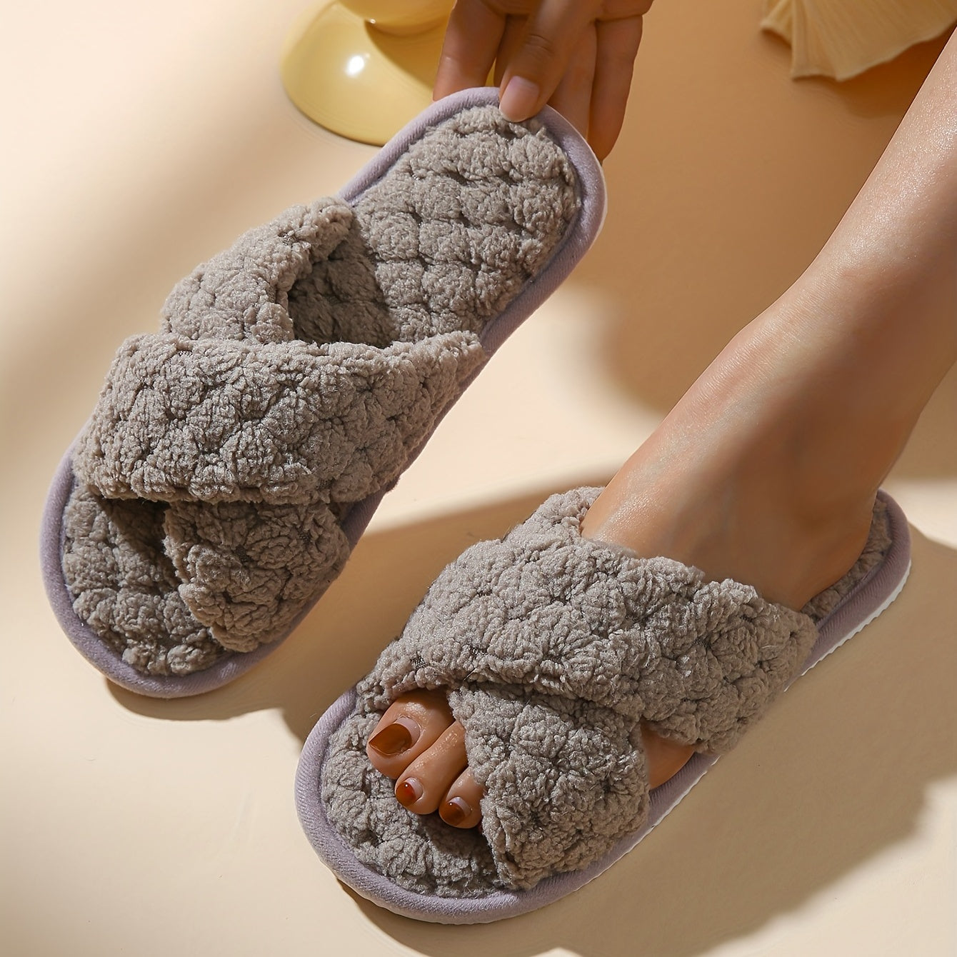 Plush Cross Strap Slippers Cozy Open Toe Flat Fuzzy Shoes