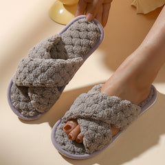 Plush Cross Strap Slippers Cozy Open Toe Flat Fuzzy Shoes