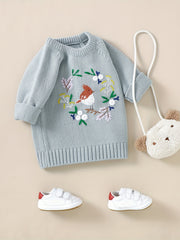 Baby Knitted Sweater Kids Pullover Top Floral Bird Embroidered Blouse