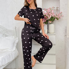 Heart Print Pajama Set Short Sleeve Top & Pants Women's Sleepwear