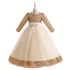 Girls' Sequin Evening Dress Long Sleeve Puff Skirt Tulle Party Ball Gown