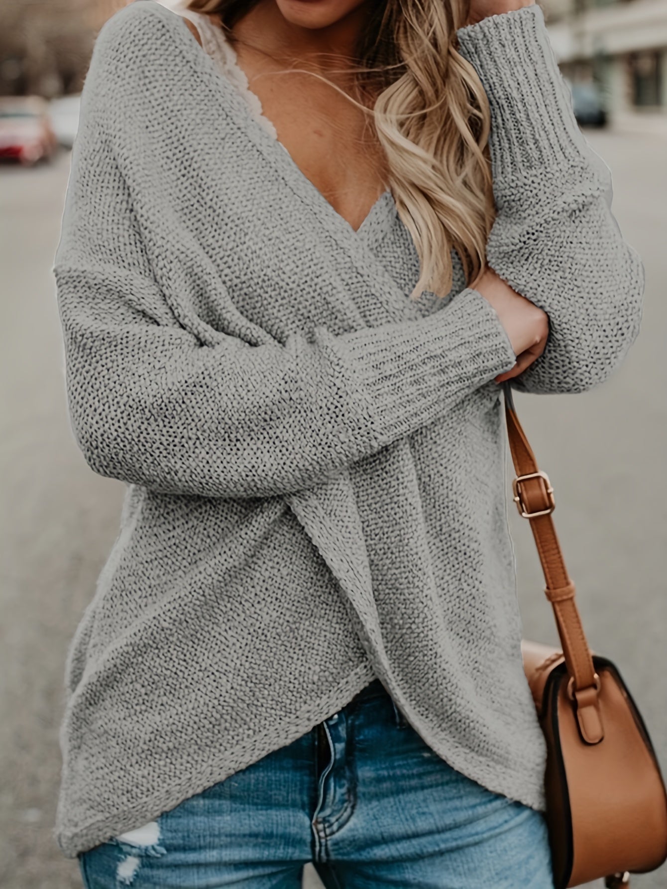 Surplice Neck Cross Front Sweater Long Sleeve Spring & Fall Women's Clothing