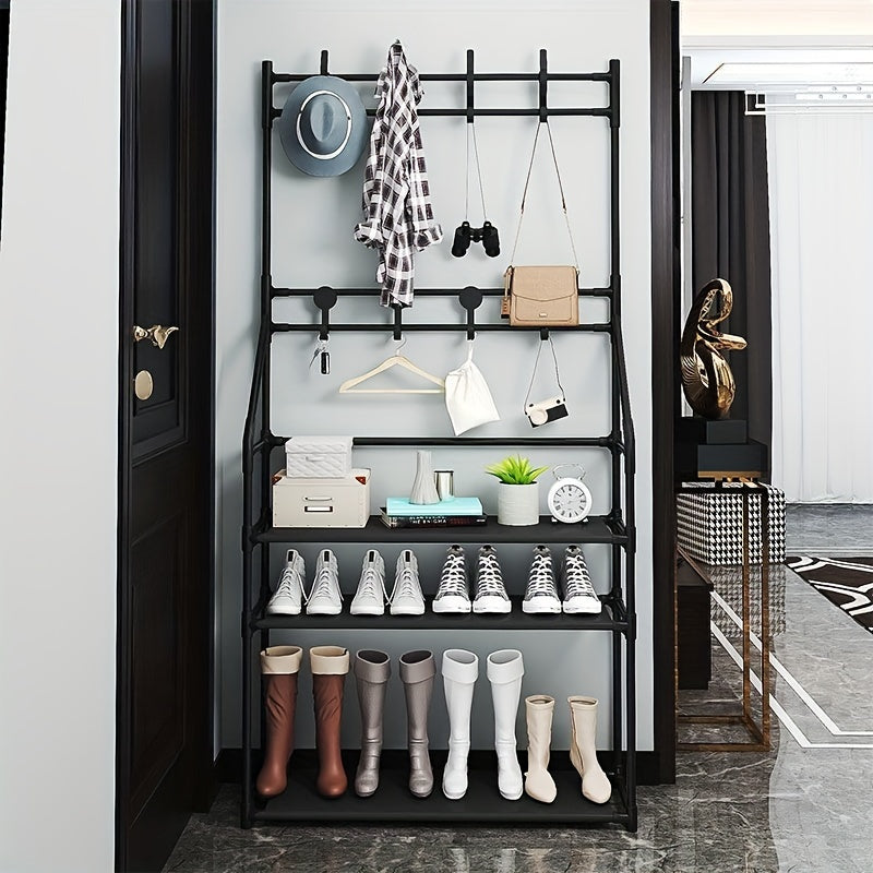 1pc Upgraded Entryway Coat Rack Shoe Rack with Storage Shelves and Hooks