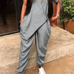 Surplice Neck Jumpsuit Short Sleeve High Waist Casual Jumpsuit