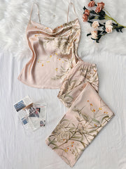 Floral Print Pajama Set Draped Collar Cami Top & Elastic Waistband Pants