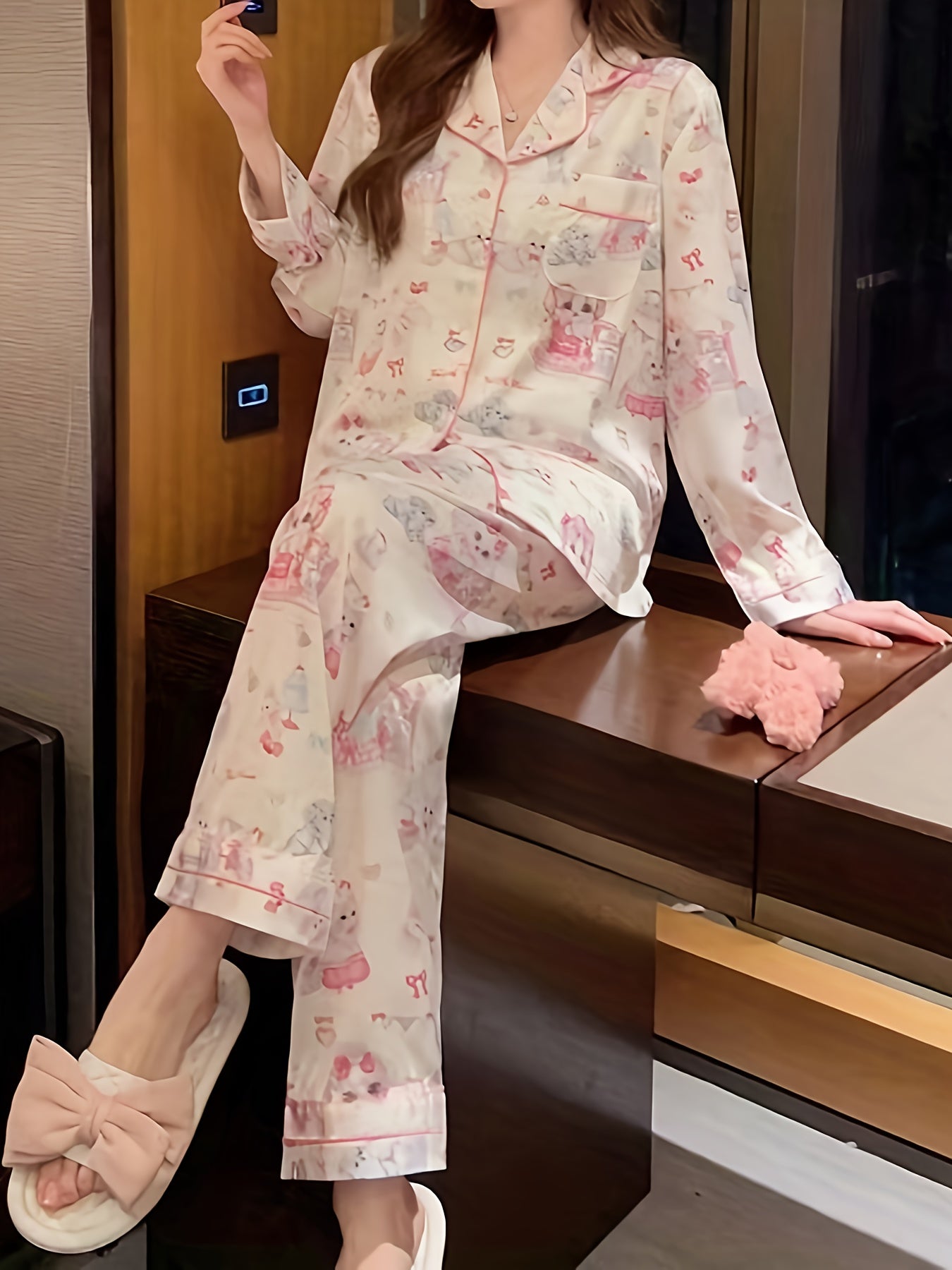 Cartoon Print Pajama Set Long Sleeve Top & Pants Women's Sleepwear
