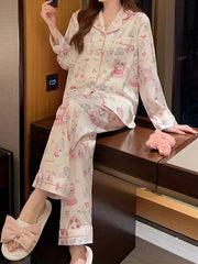 Cartoon Print Pajama Set Long Sleeve Top & Pants Women's Sleepwear