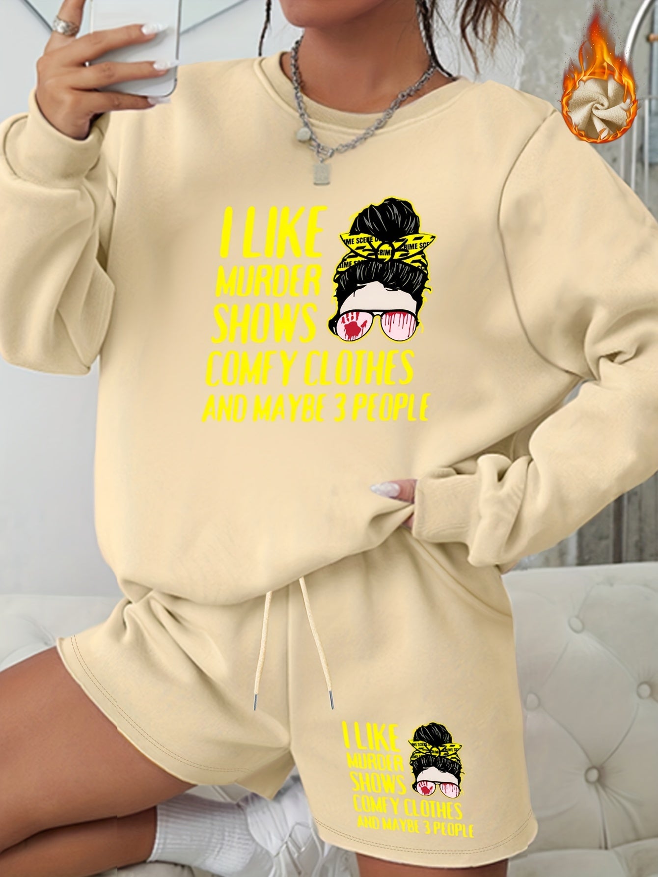 2 Piece Set Women's Slogan & Cartoon Print Sweatshirt & Shorts