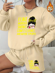 2 Piece Set Women's Slogan & Cartoon Print Sweatshirt & Shorts