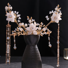 Crystal Flower Leaf Hairpin Headband Earring Set Chinese Wedding Hair Accessorie