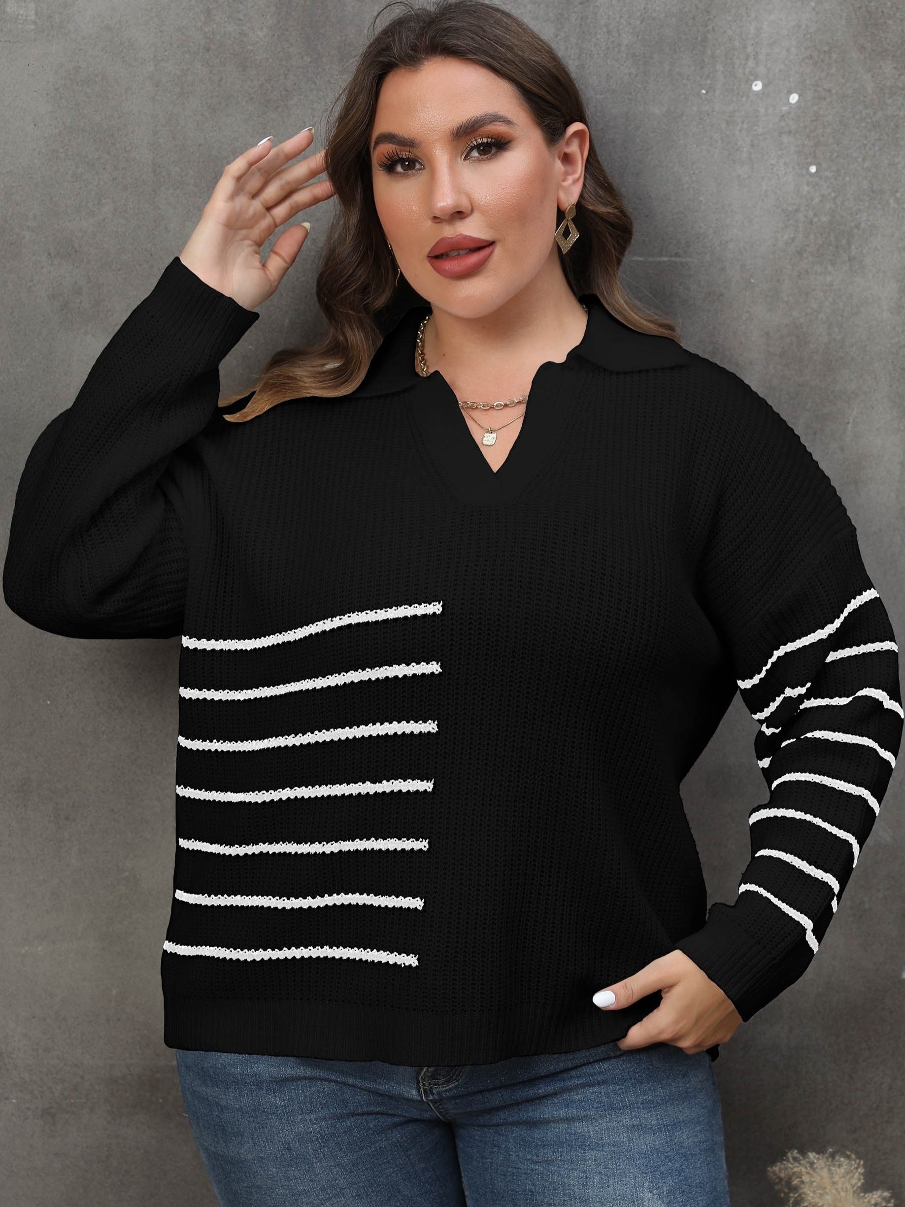 Stripe Print Long Sleeve Polo Neck Pullover Jumper