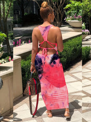Tie Dye Print Maxi Dress Backless Bodycon Sleeveless