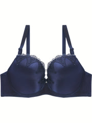 Bra Women's Plus Satin Contrast Lace Hook & Eye High Stretch Solid Bra