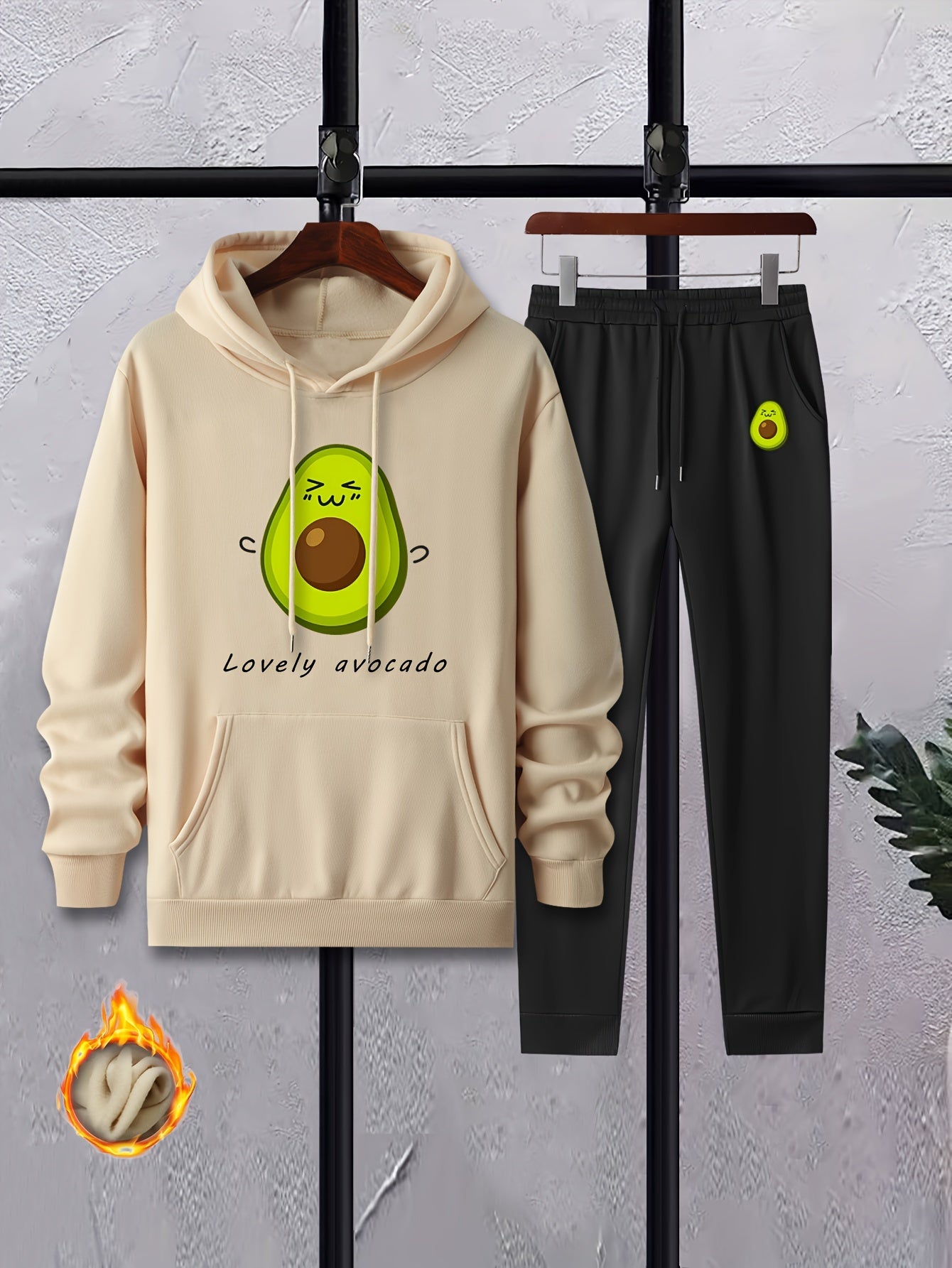 Avocado Print Men's 2Pcs Outfits Long Sleeve T Shirt Hooded Sweatshirt
