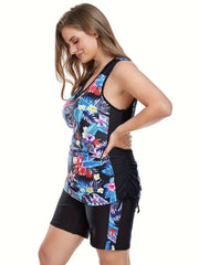 Tropical Print Tankini Set Crisscross Front Tank Top & Shorts