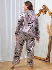 Retro Pajamas Set Long Sleeve Button Up Shirt & Pants 2 Piece Set