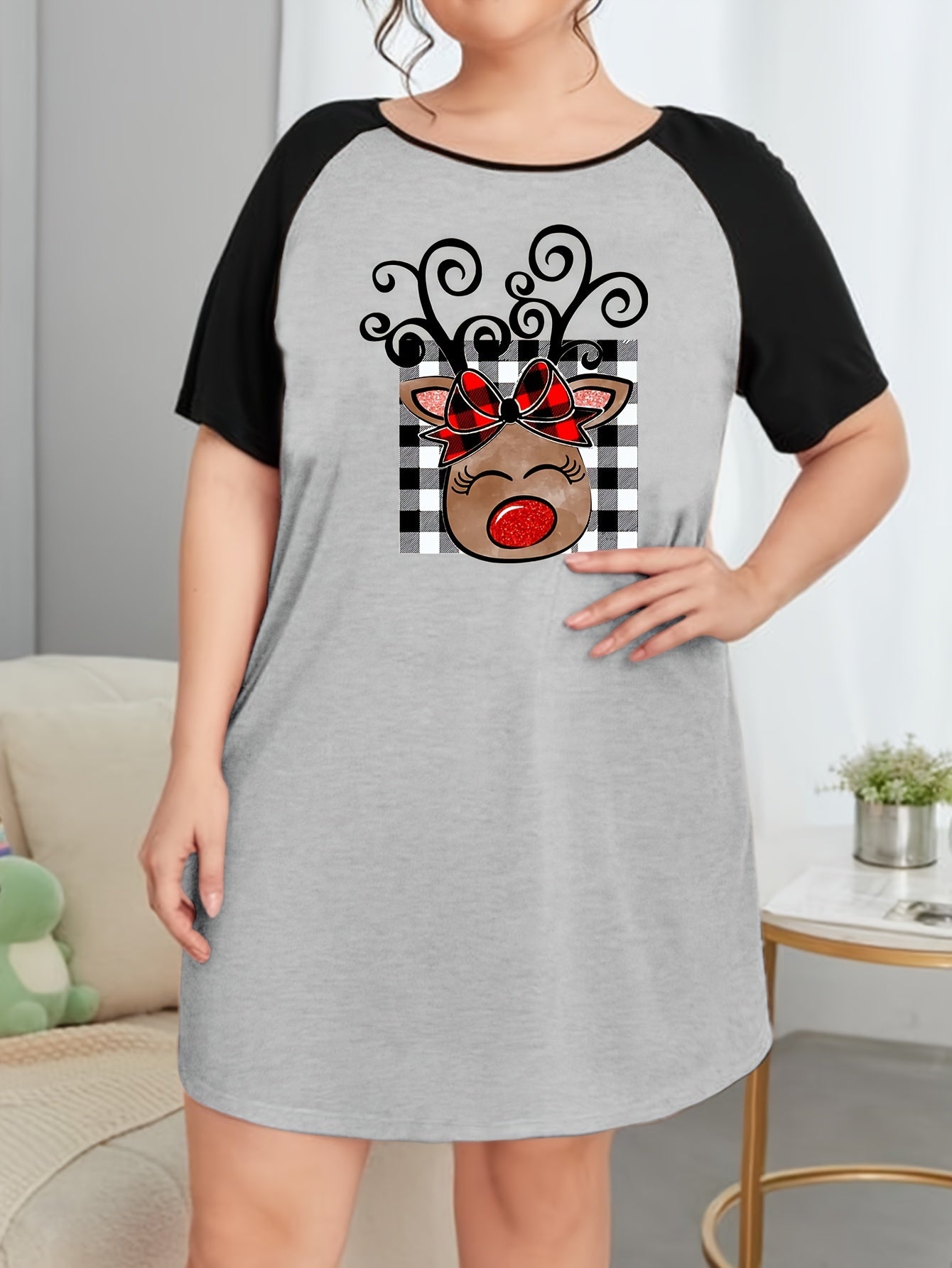 Christmas Nightdress Women's Plaid Elk Raglan Sleeve Tee Sleep Dress