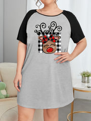 Christmas Nightdress Women's Plaid Elk Raglan Sleeve Tee Sleep Dress