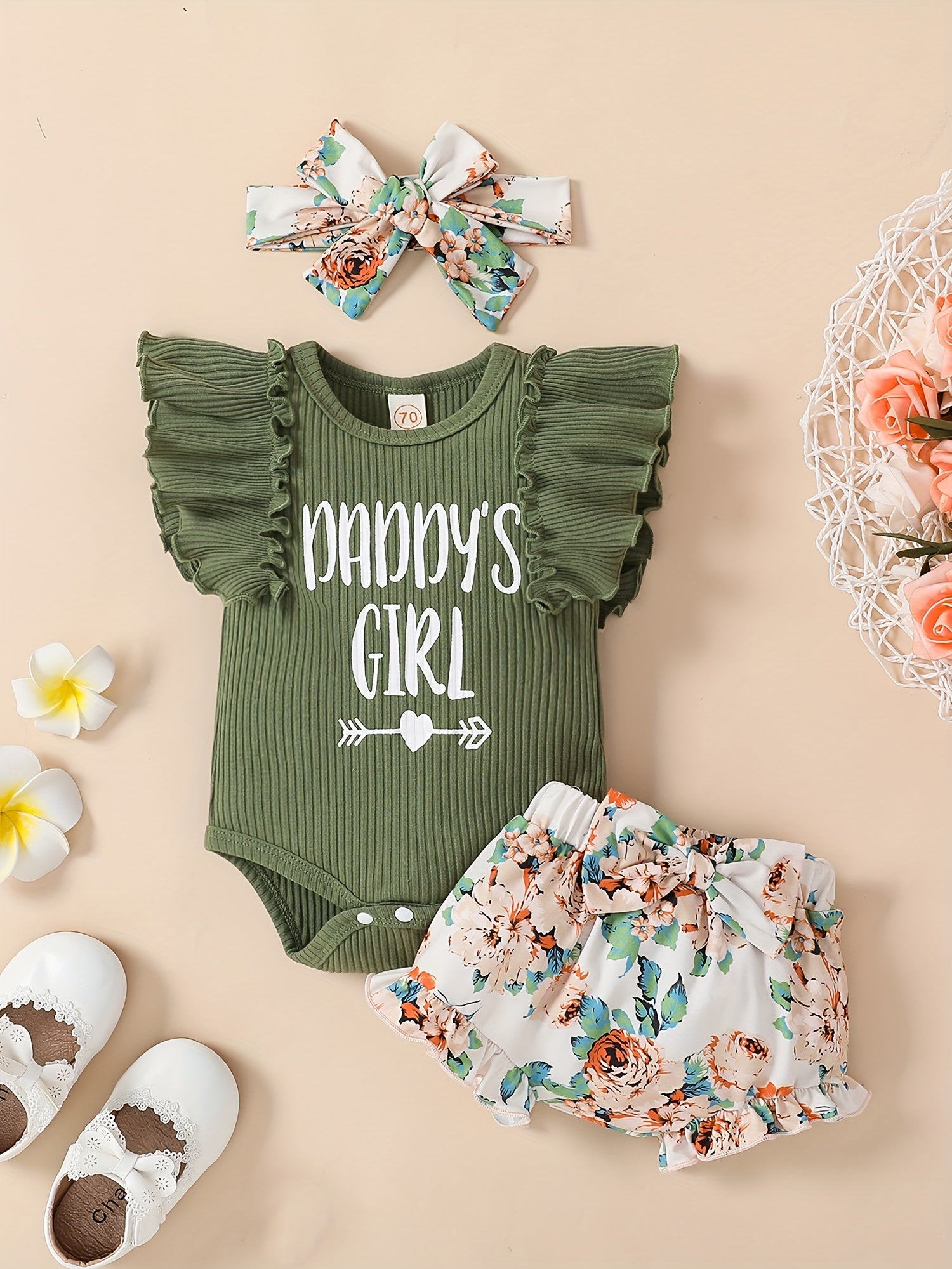 3pcs Baby Girls Daddy's Girl Ruffle Sleeve Onesie & Floral Shorts Set