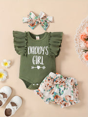 3pcs Baby Girls Daddy's Girl Ruffle Sleeve Onesie & Floral Shorts Set
