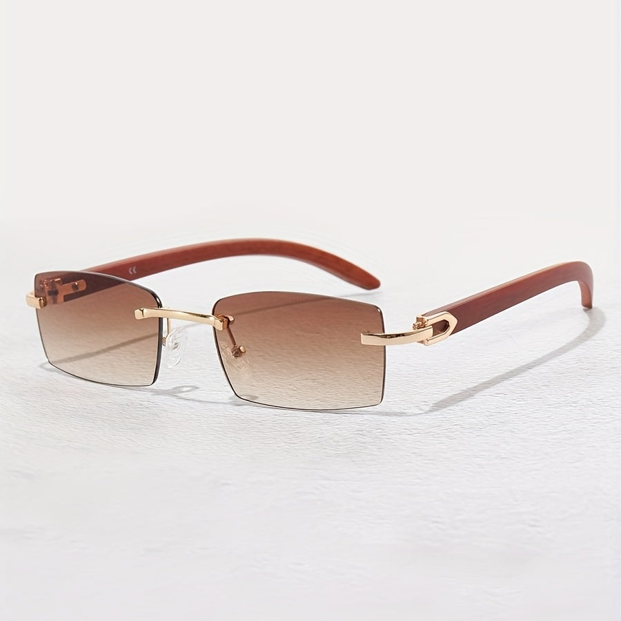 Men's Rimless Brown Tint Rectangular Vintage Wood Grain Sunglasses