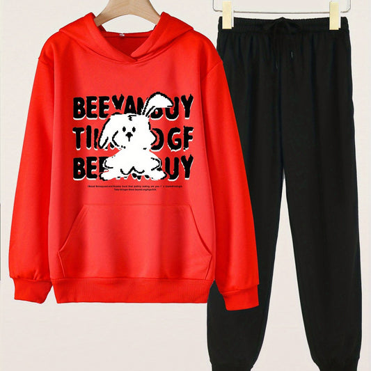 Cartoon Bunny Print Girls Hoodie & Sweatpants Set