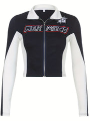 Letter Print Biker Jacket Streetwear Zip Up Outerwear