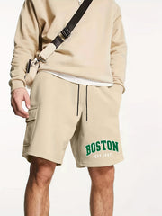 Boston Letter Print Men's Cargo Shorts Lightweight Drawstring Work Pants