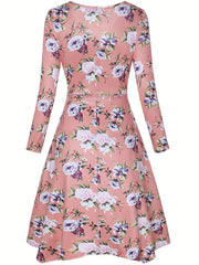 Women's Plus Floral Print Long Sleeve Surplice Neck Belted Dress