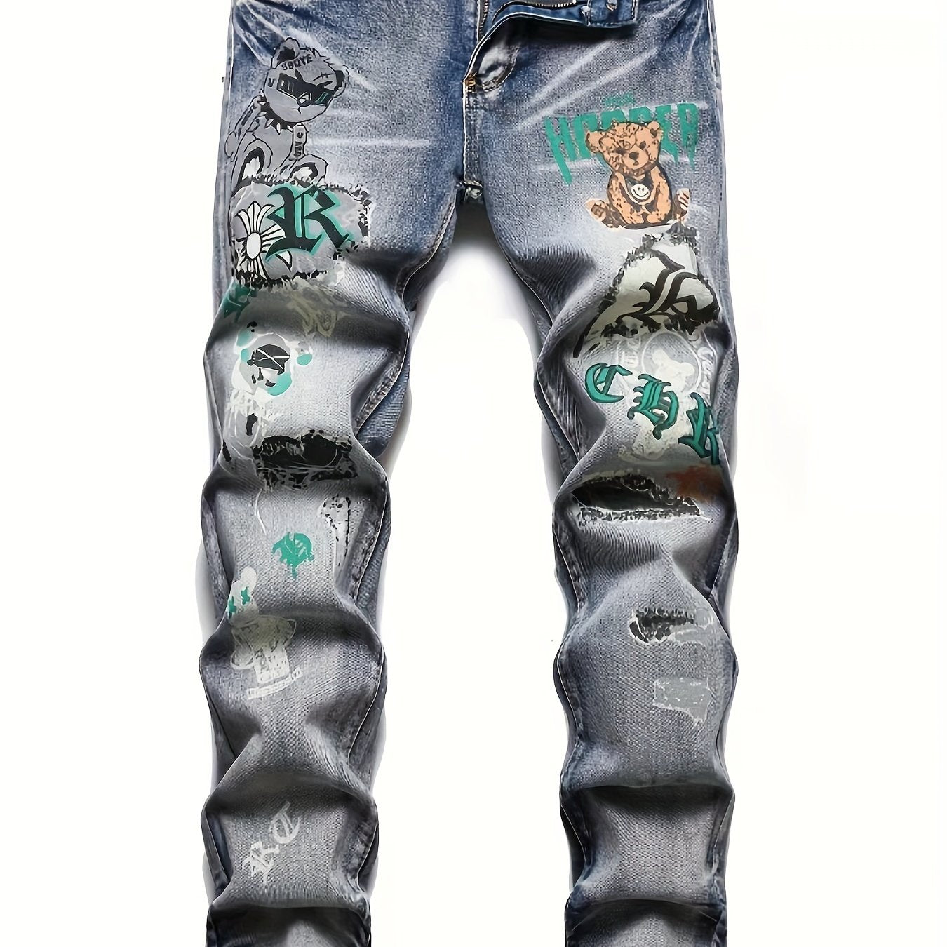Cartoon Bear Pattern Slim Fit Jeans Men's Casual Street Style