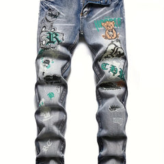 Cartoon Bear Pattern Slim Fit Jeans Men's Casual Street Style