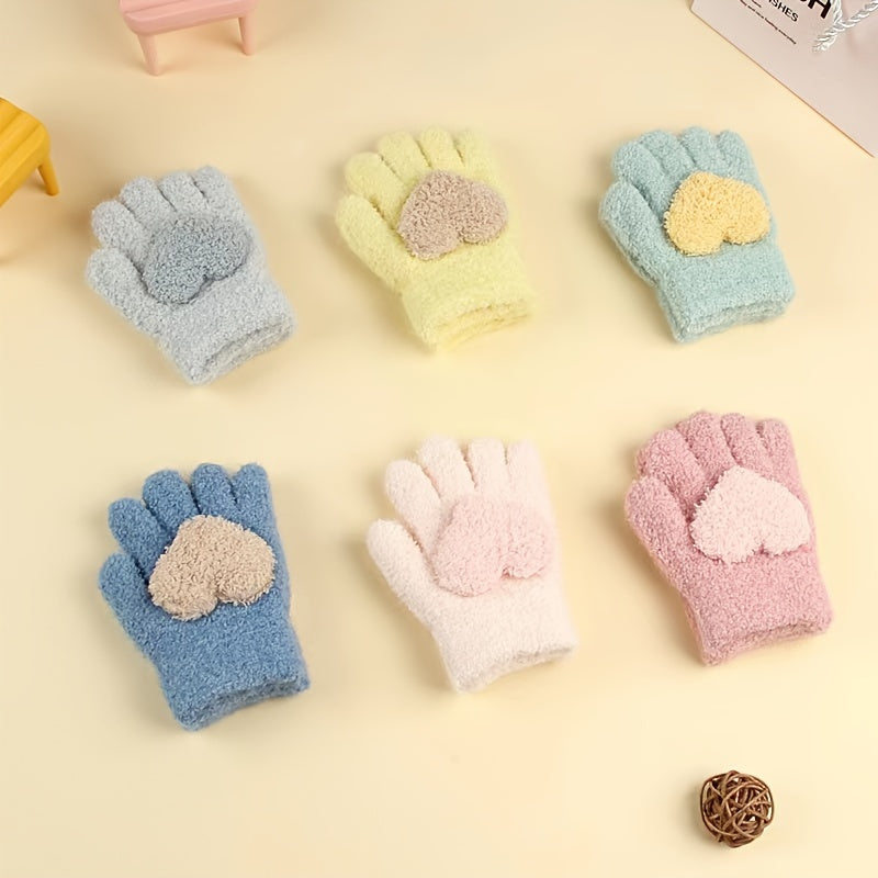 Kids Heart Decor Fuzzy Gloves Winter Warm Baby Coldproof Gloves