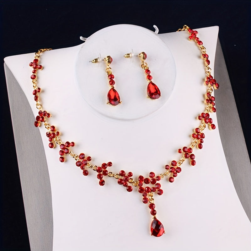 Red Rhinestone Crown Tiara Necklace Earrings Set