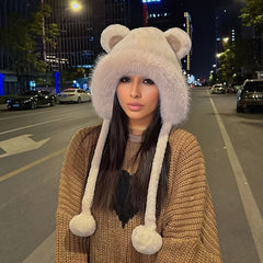 Winter Bear Ears Furry Hat Lovely Fluffy Beanie Hat For Girls Women