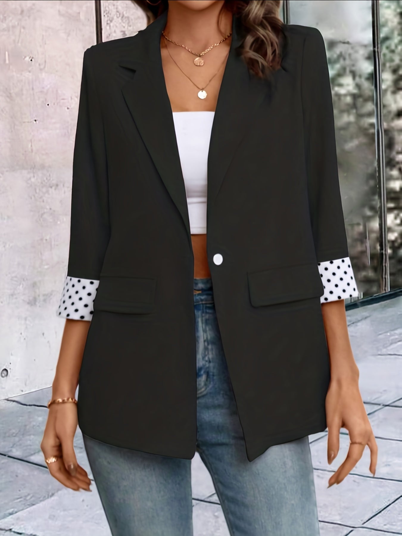 Contrast Trim Lapel Blazer One Button Work Office Outerwear