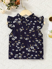 Girls Ruffle Sleeve Flowers Graphic Frill Trim Neck Bow Blouse Top