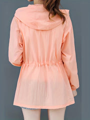 Embroidered Hooded Jacket Zip Up Drawstring Outerwear
